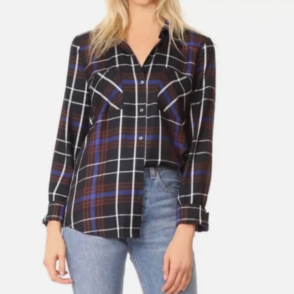 L' AGENCE Denise Plaid Silk S/P Hannel Button Down Shirt Black/ Brown/White - Picture 14 of 14